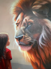 Загрузить изображение в средство просмотра галереи, Auge in Auge mit der Furcht - das Mädchen mit dem Löwen Wandbild auf Leinwand

