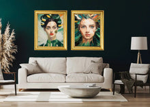 Cargar imagen en el visor de la galería, &quot;Grüne Melancholie - Frauenporträt aus der Green Lady Serie mit goldenem und grünem Federbusch
